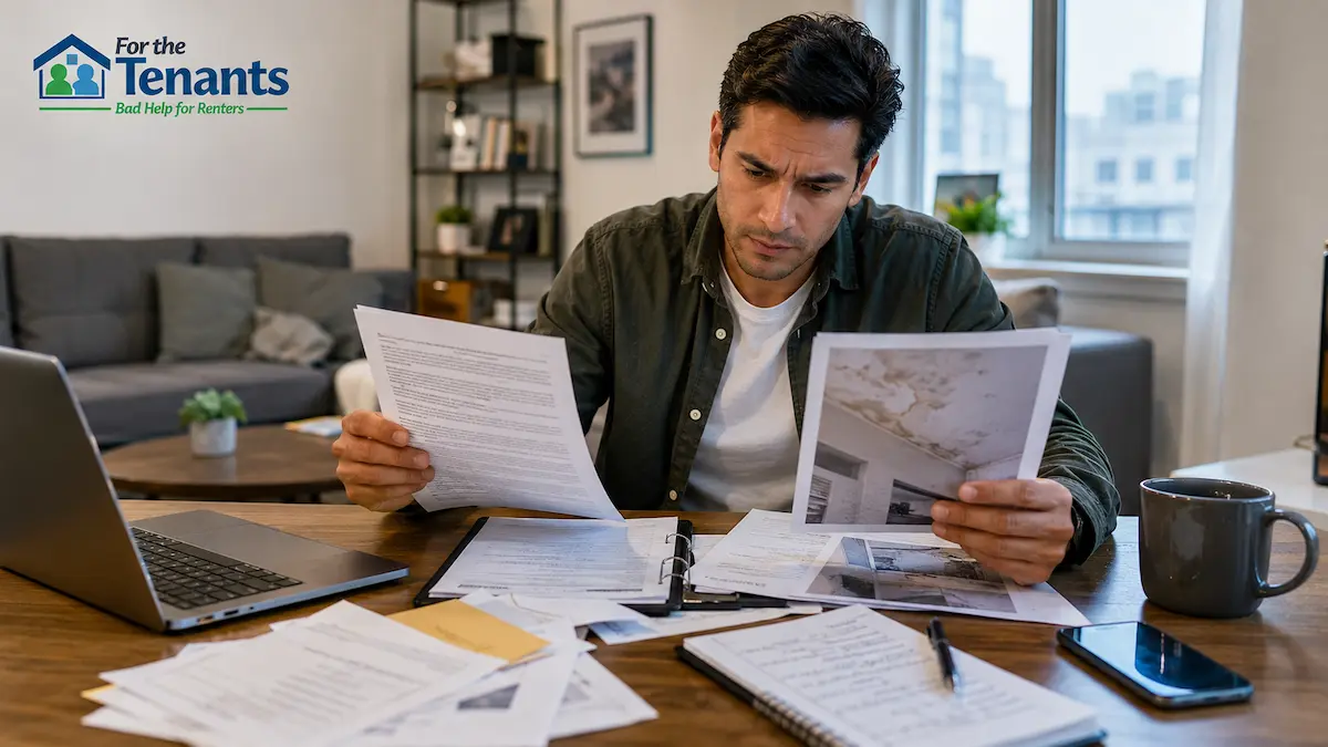Tenant reviewing landlord repair dispute paperwork