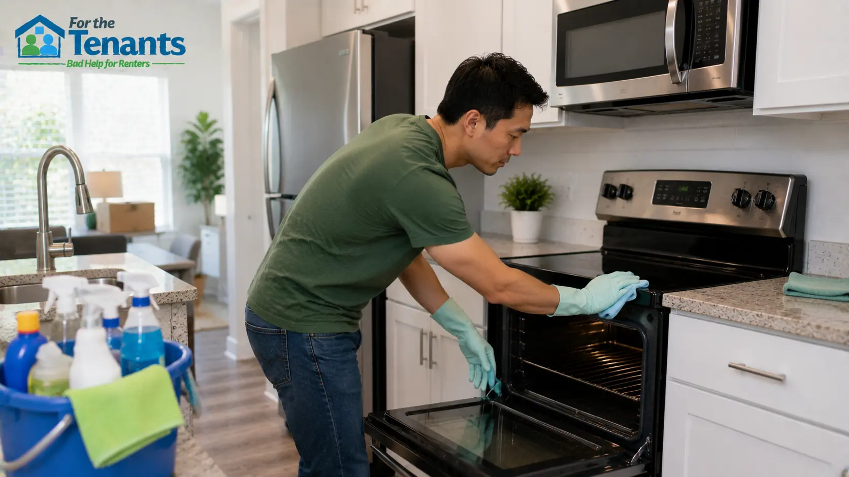 Tenant cleaning kitchen before move-out inspection