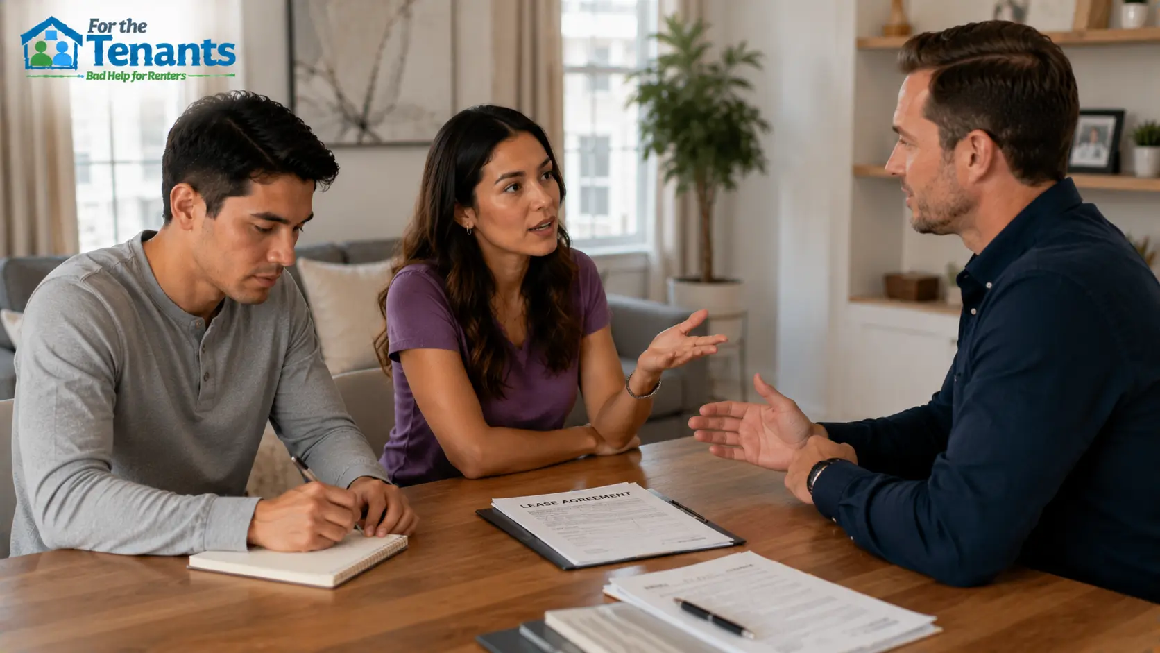 Renters reviewing lease agreement before renting