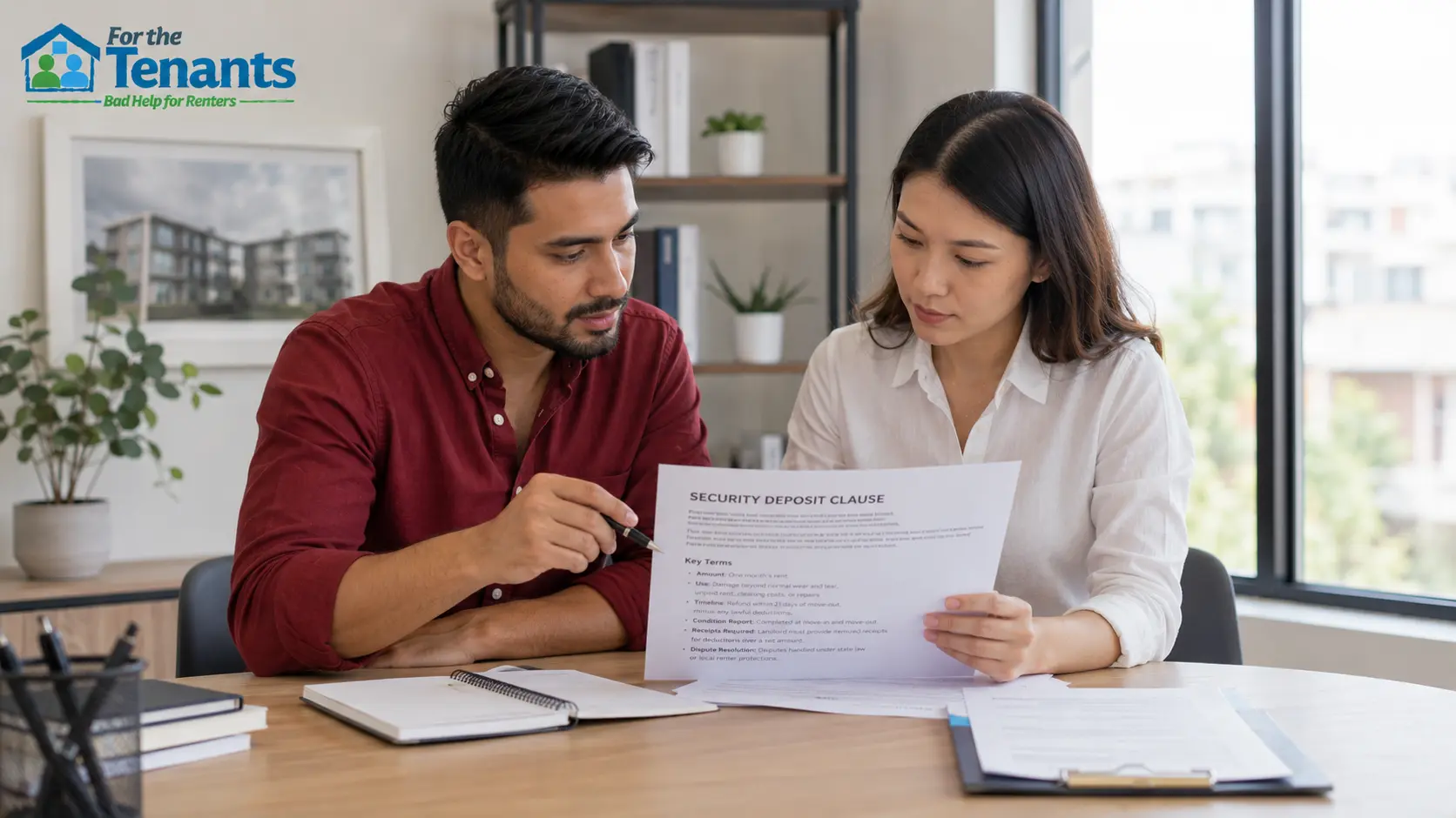 Tenants reviewing security deposit terms before signing