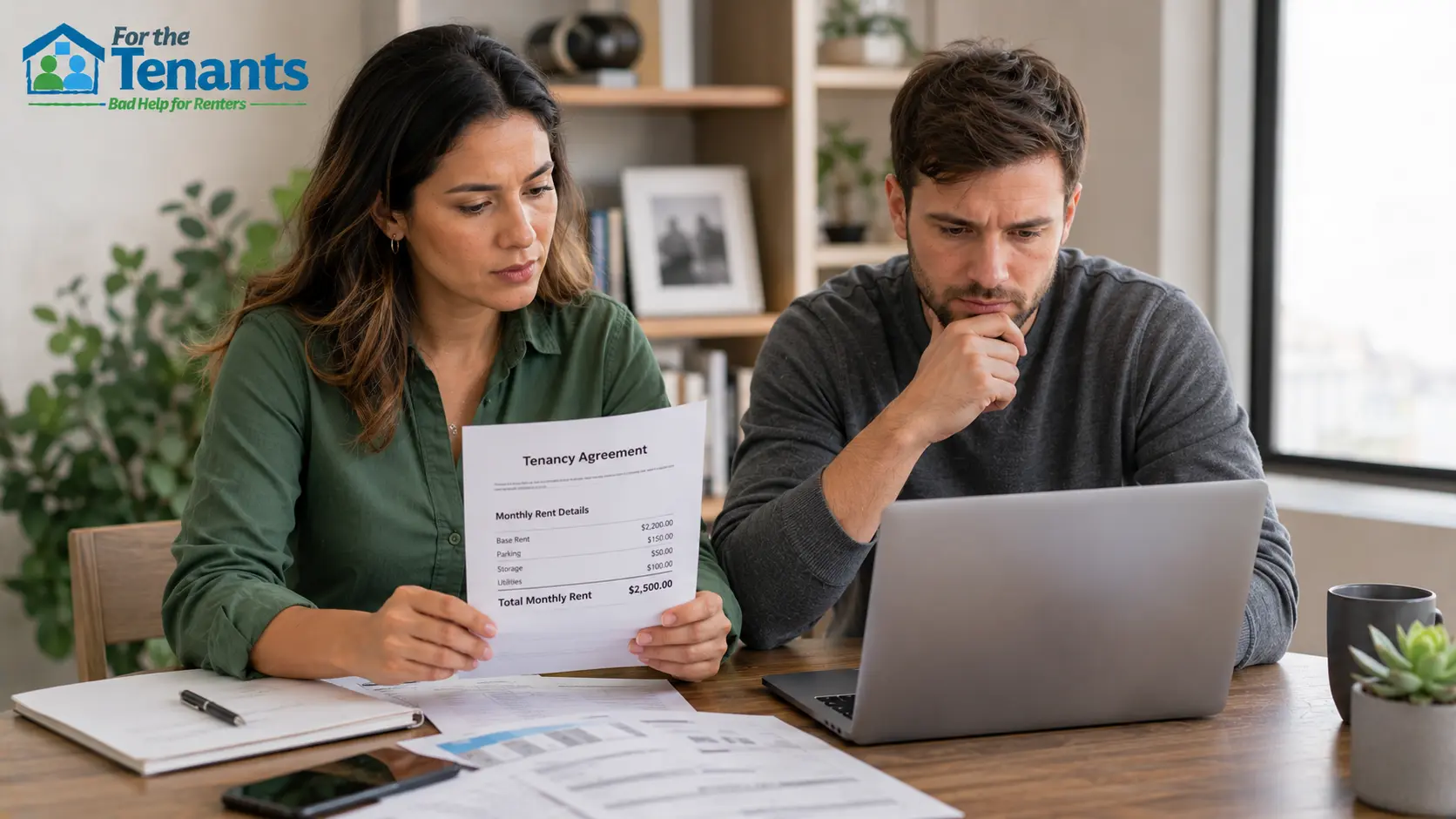 Tenants checking rent and payment terms in a lease agreement